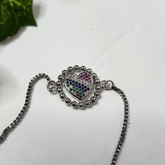 Stainless Steel Rolo Slide Bracelet Heart Multi Color Crystals - Picture 3 of 5